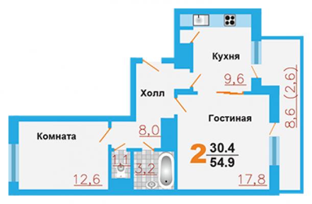 Планировка двухкомнатной квартиры в ЖК "Город Счастья"
