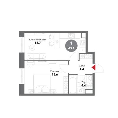 Планировка однокомнатной квартиры в ЖК "VOXHALL"