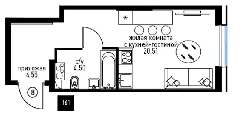 Планировка однокомнатной квартиры в ЖК "Инноватор"