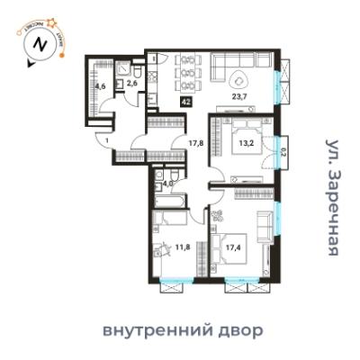 Планировка трехкомнатной квартиры в ЖК "Западный  порт"