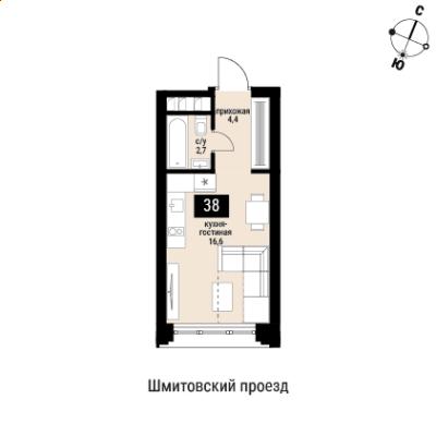 Планировка однокомнатной квартиры в ЖК "Шелепиха"