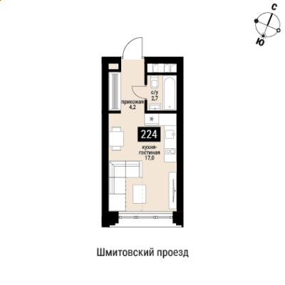 Планировка однокомнатной квартиры в ЖК "Шелепиха"
