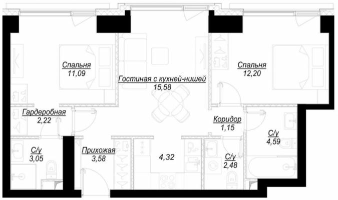 Планировка двухкомнатной квартиры в ЖК "Hide"